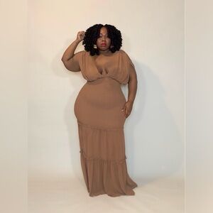 Plus Size Smocked Maxi Dress | Brown Chiffon Evening Dress 1X–3X